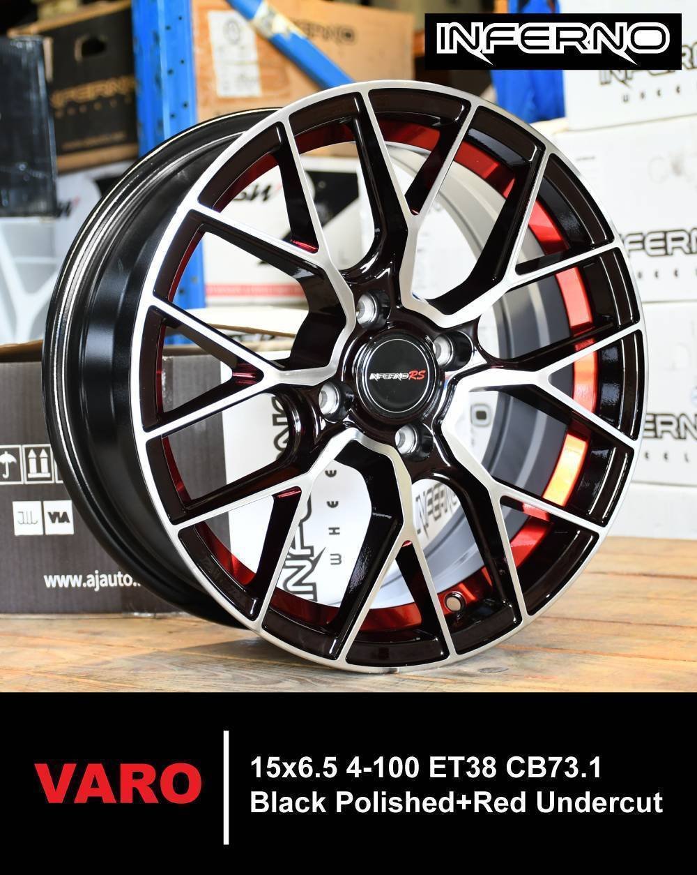 ล้อแม็ก  ล้อแม็ก Inferno Varo 4รู100 ET38 ดำหน้าเงาคัตแดง กว้าง6.5 ขอบ15นิ้ว 